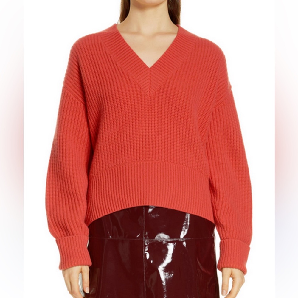 Lewit V-Neck Cashmere Sweater Red Mum Ribbed Knit Midweight Relaxed Fit-Medium